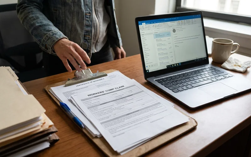 Certificate of insurance and workers' comp paperwork on a Round Rock clipboard