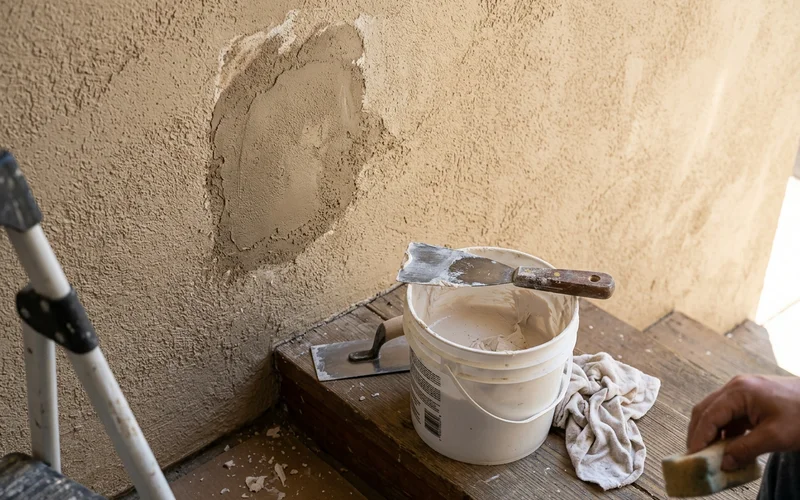 Patched stucco crack before coating with a putty knife resting on a bucket