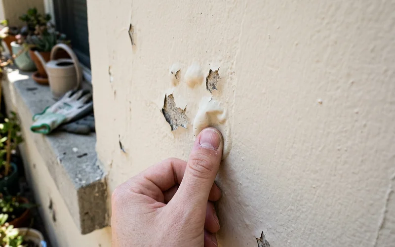 Blistered paint on a sunny Round Rock exterior wall next to sound paint
