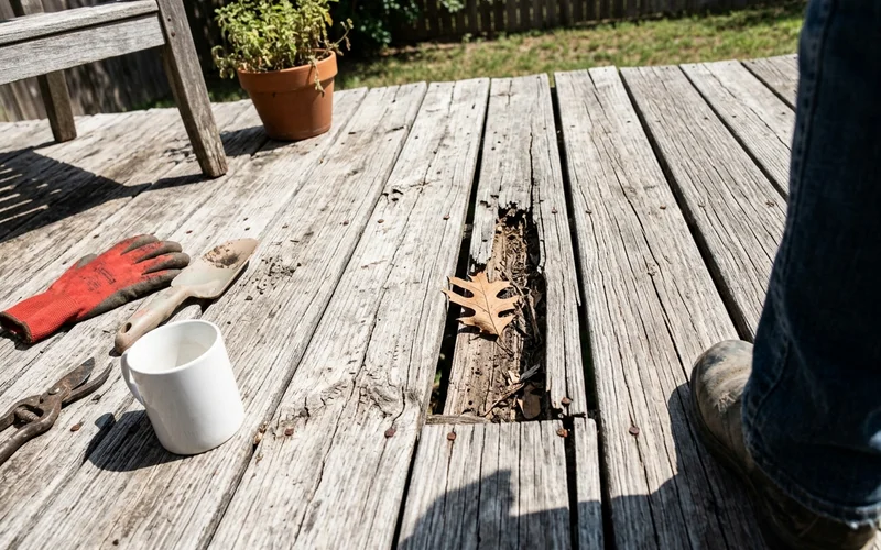 Gray, split deck board surface after a Round Rock summer