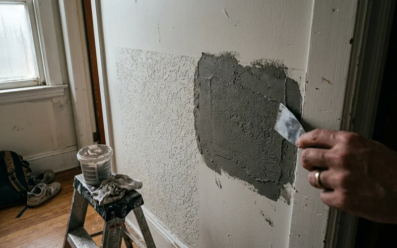 Knockdown texture beside a freshly textured patch before priming