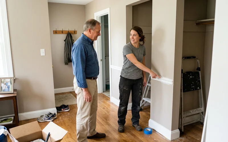 Crew lead and Round Rock homeowner doing a final walkthrough in a freshly painted hallway