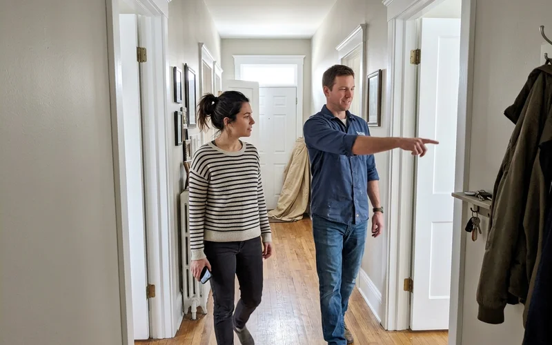 Crew lead walking a freshly painted hallway with a homeowner during a final walkthrough