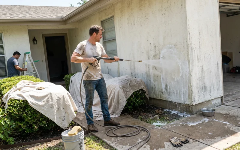 Bluebonnet Ridge crew member pressure washing a chalky Round Rock stucco wall before repainting