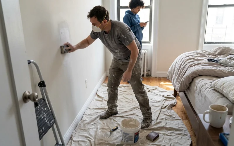 Crew member sanding a drywall patch before priming in a Round Rock bedroom