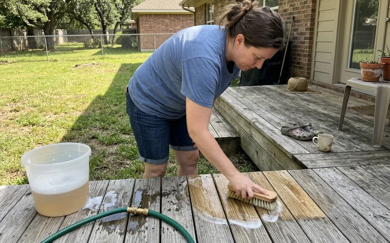 Deck boards being cleaned with wood brightener and a scrub brush