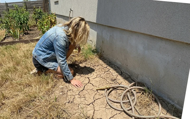 Dry cracked Blackland clay soil next to a Round Rock home foundation in late summer