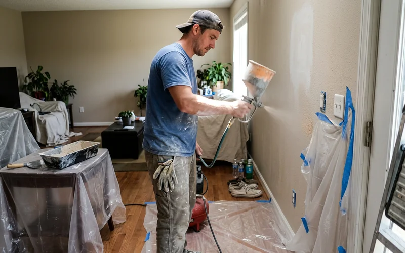 Drywall worker spraying orange peel texture from a hopper gun onto a Round Rock patch