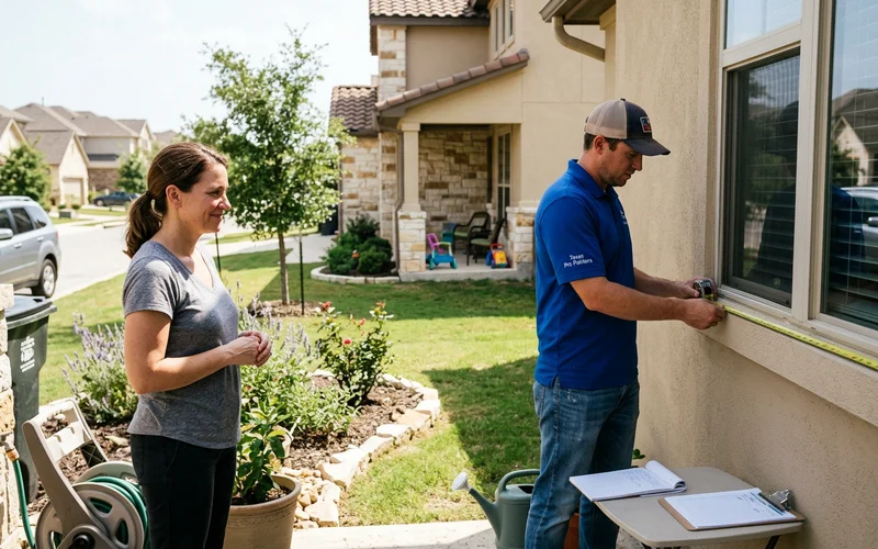 Estimator measuring a Round Rock exterior wall during an on-site estimate
