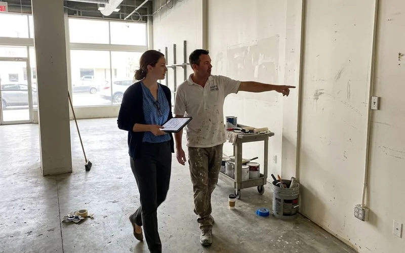 Facility manager walking a Round Rock retail space with a painter during a site walk