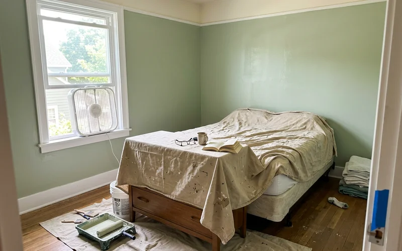Freshly painted Round Rock bedroom with furniture under drop cloths while paint dries