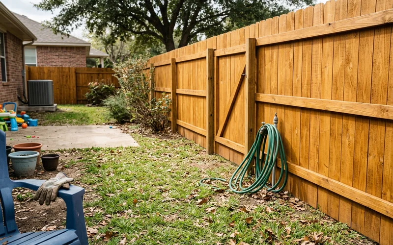 Freshly stained backyard fence with fallen leaves on the grass in late autumn light