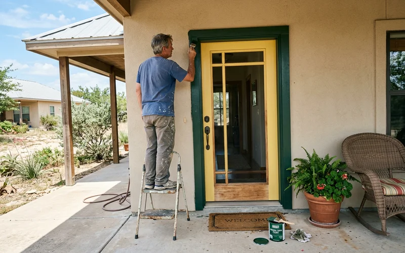 Front door and trim being repainted on a Round Rock ranch house
