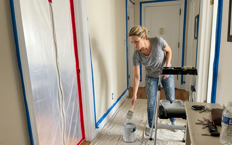 Round Rock hallway with masking tape on trim and plastic over a doorway mid-project
