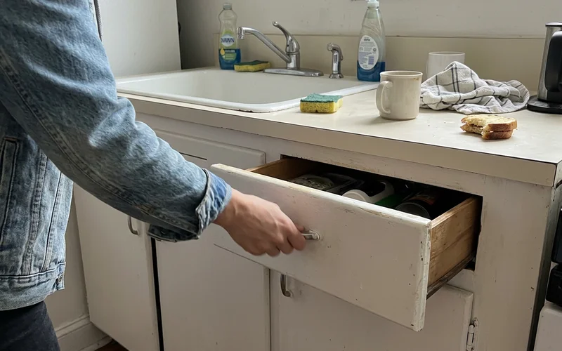 Hand opening a painted cabinet drawer near the sink showing smooth enamel