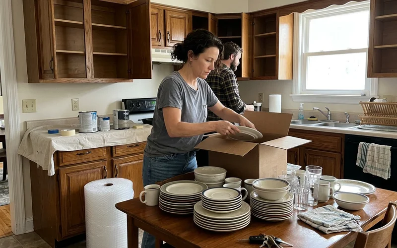 Round Rock homeowner emptying kitchen cabinets onto a dining table before painting