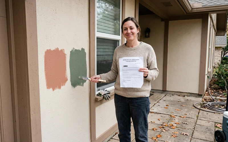 Homeowner holding an HOA approval letter next to paint sample patches