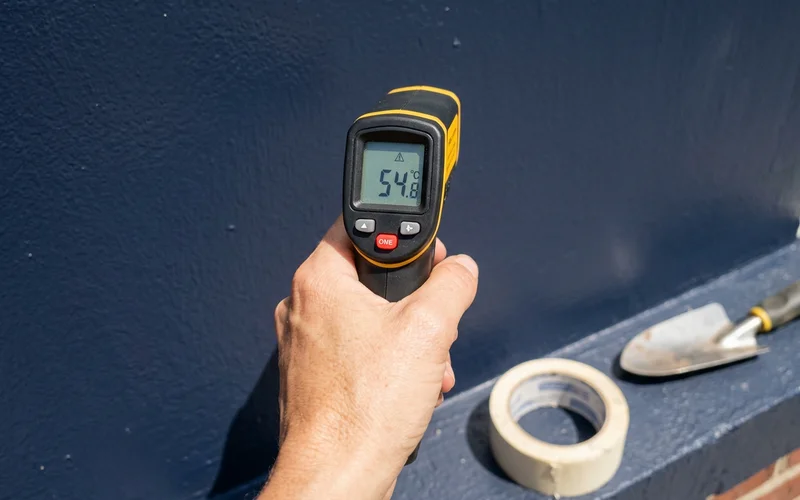 Infrared thermometer checking the surface temperature of a hot Round Rock painted wall