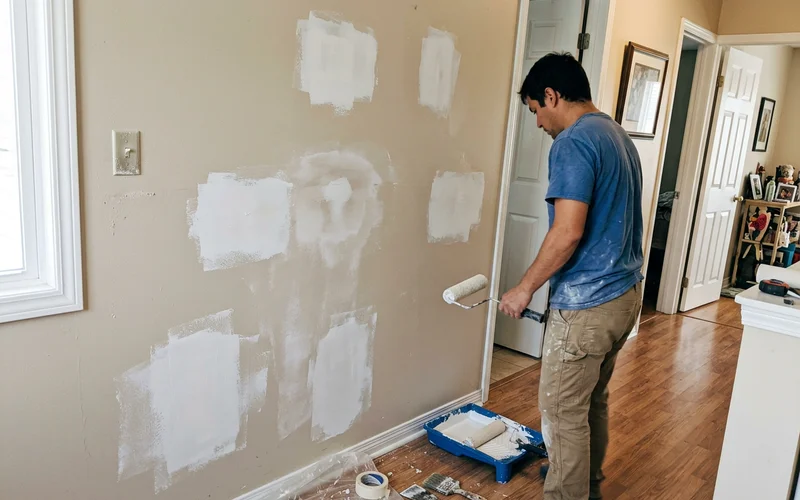 Round Rock interior wall with sanded drywall patches spot primed before painting