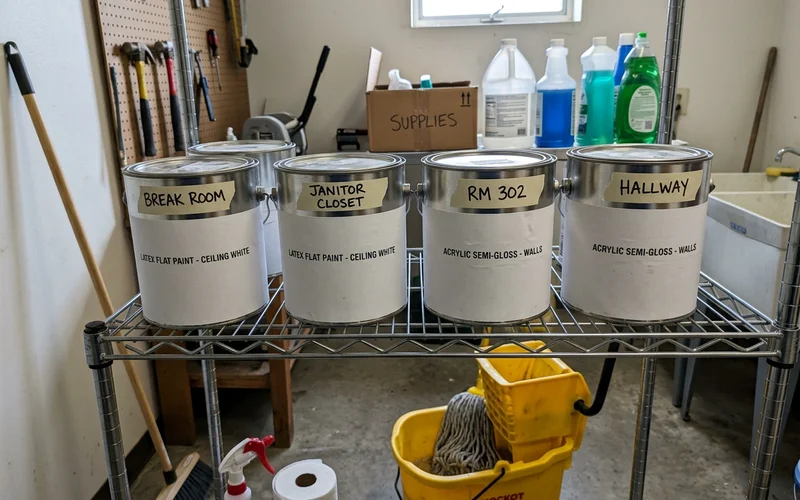 Labeled commercial paint cans on a maintenance closet shelf