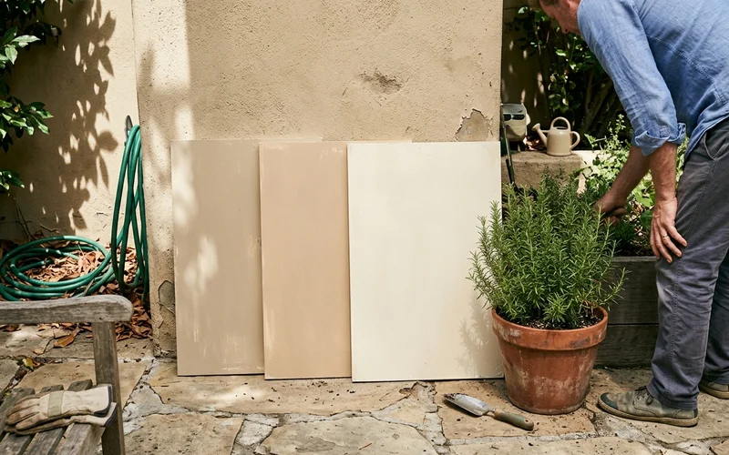 Large painted sample boards leaning against a sunny Round Rock stucco wall