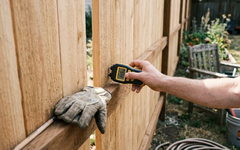 Moisture meter pressed against a new cedar picket at a Round Rock property