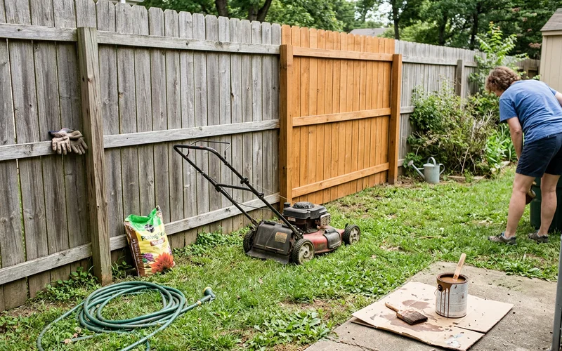Unstained neighbor side of a fence next to the freshly stained side
