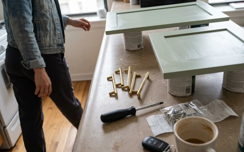 New brass cabinet pulls laid out beside freshly painted Round Rock doors