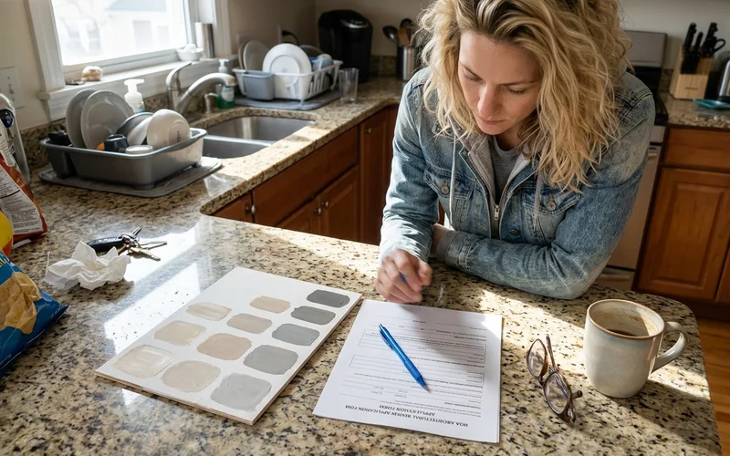 Paint color sample board and HOA application form on a kitchen counter