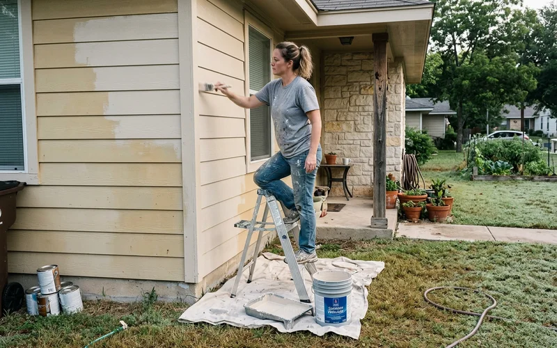 Painter applying light-colored acrylic paint to Round Rock siding in early morning shade