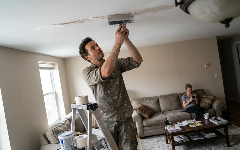 Painter embedding paper tape over a cracked ceiling joint in a Round Rock home