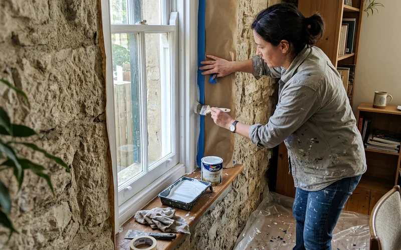 Painter masking Round Rock limestone while cutting in window trim by hand
