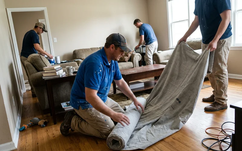 Round Rock painting crew in matching shirts laying drop cloths in a living room