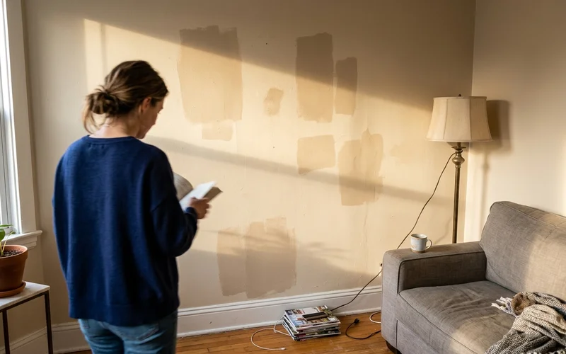 Patchy touch-up marks visible on a Round Rock living room wall in raking light