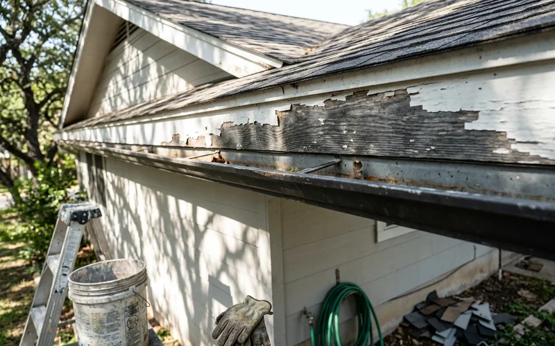 Peeling paint and bare wood on a fascia board under the roof edge of a Round Rock home