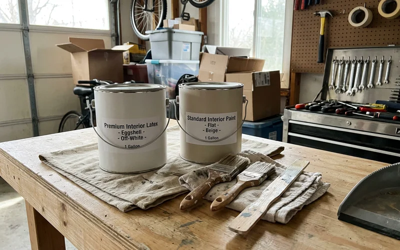 Premium and standard paint cans side by side on a Round Rock garage workbench