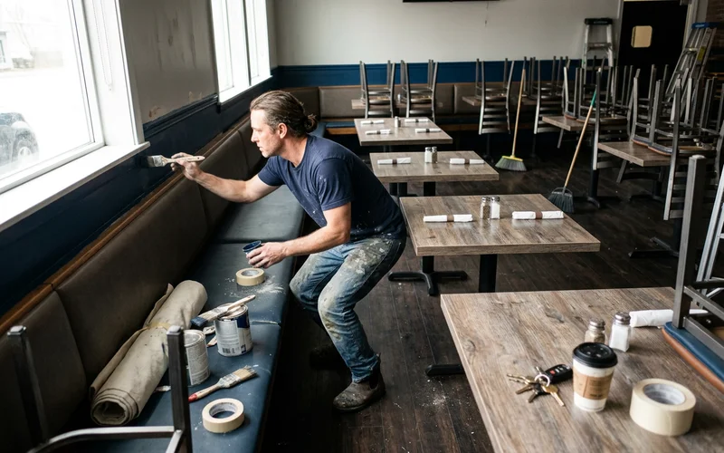 Round Rock restaurant dining room after close with chairs stacked and a painter at work