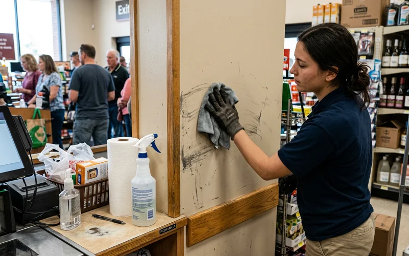 Cart marks being wiped off a satin retail wall near checkout