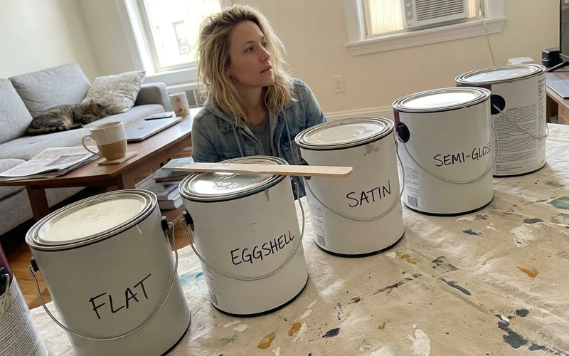 Paint cans with different sheen labels lined up on a drop cloth in a Round Rock home