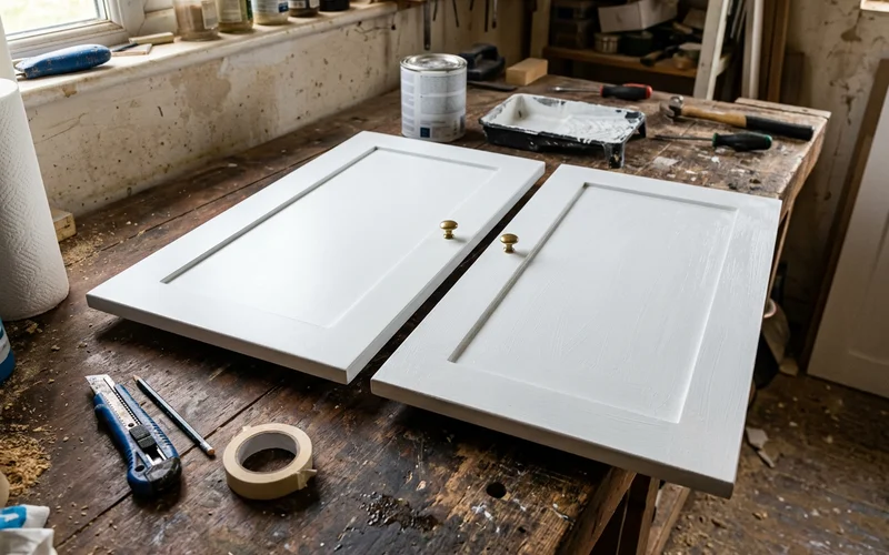 Close-up comparing a smooth sprayed cabinet door and a brushed door with faint marks