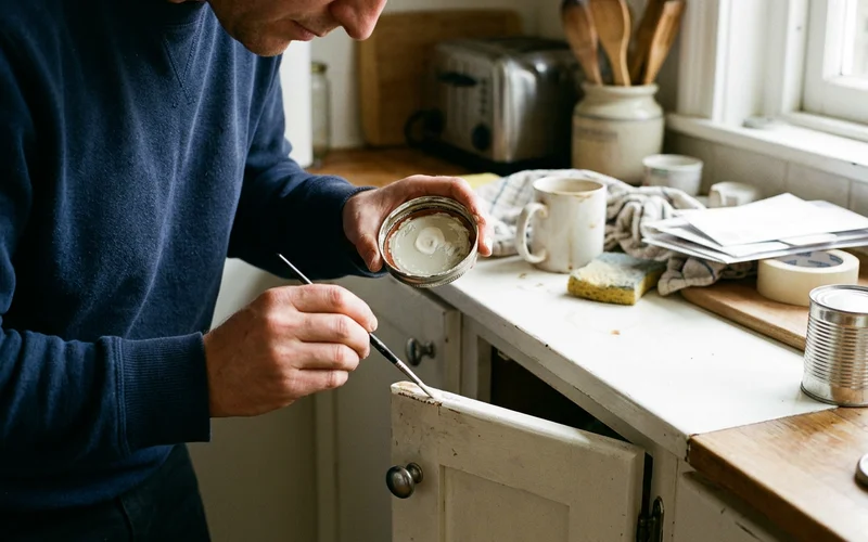 Small brush touching up a chip on a painted cabinet door edge