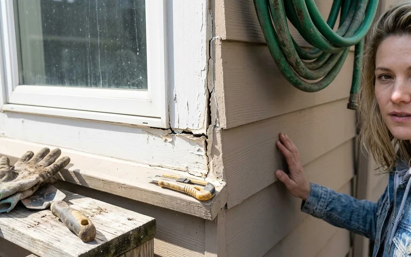Split, shrunken caulk at a window trim corner on Round Rock fiber cement siding