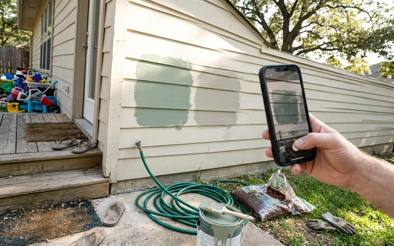Exterior paint sample patches being photographed for a Round Rock HOA submission