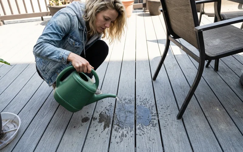 Water soaking into weathered Round Rock deck boards from a watering can