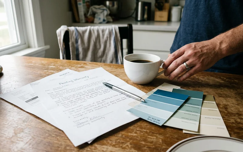 Written Round Rock painting warranty and invoice on a kitchen table