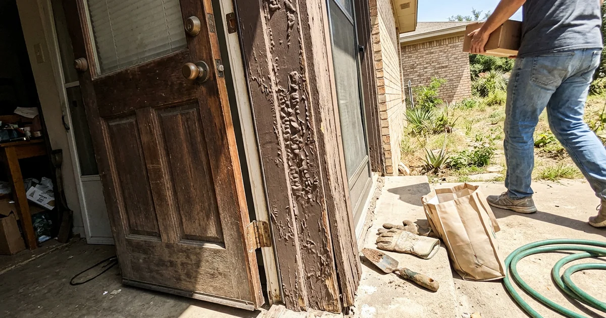 Blistered dark paint on a sun-baked Round Rock exterior door frame in harsh midday light