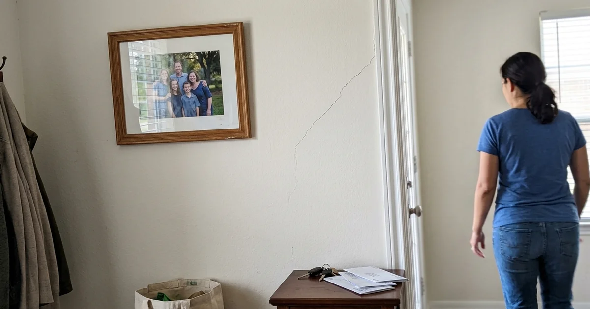 Diagonal hairline crack running from a door corner in a Round Rock home's drywall