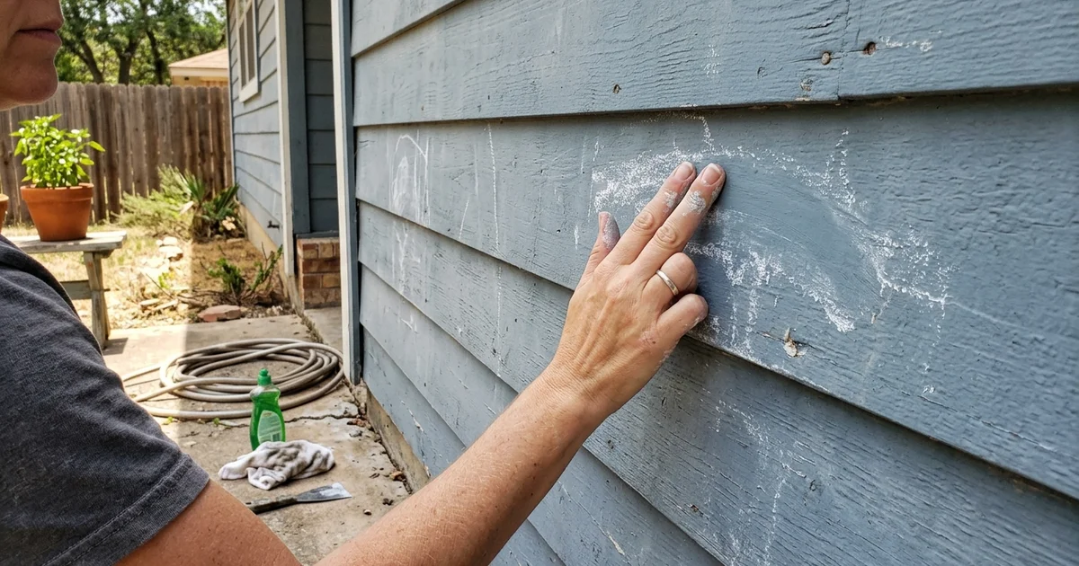 Hand wiping chalky residue from faded paint on a west-facing Round Rock wall