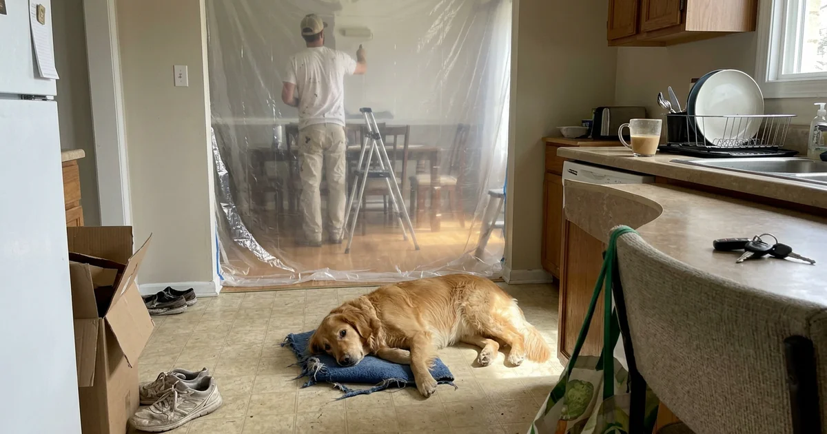 Family dog resting in a Round Rock kitchen while a painter works behind plastic sheeting