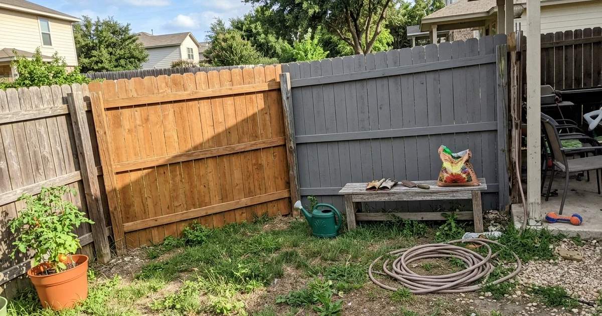 Round Rock fence with semi-transparent cedar-tone stain next to a section in solid gray stain
